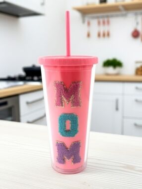 Pink 'MOM' Embellished Tumbler with Straw